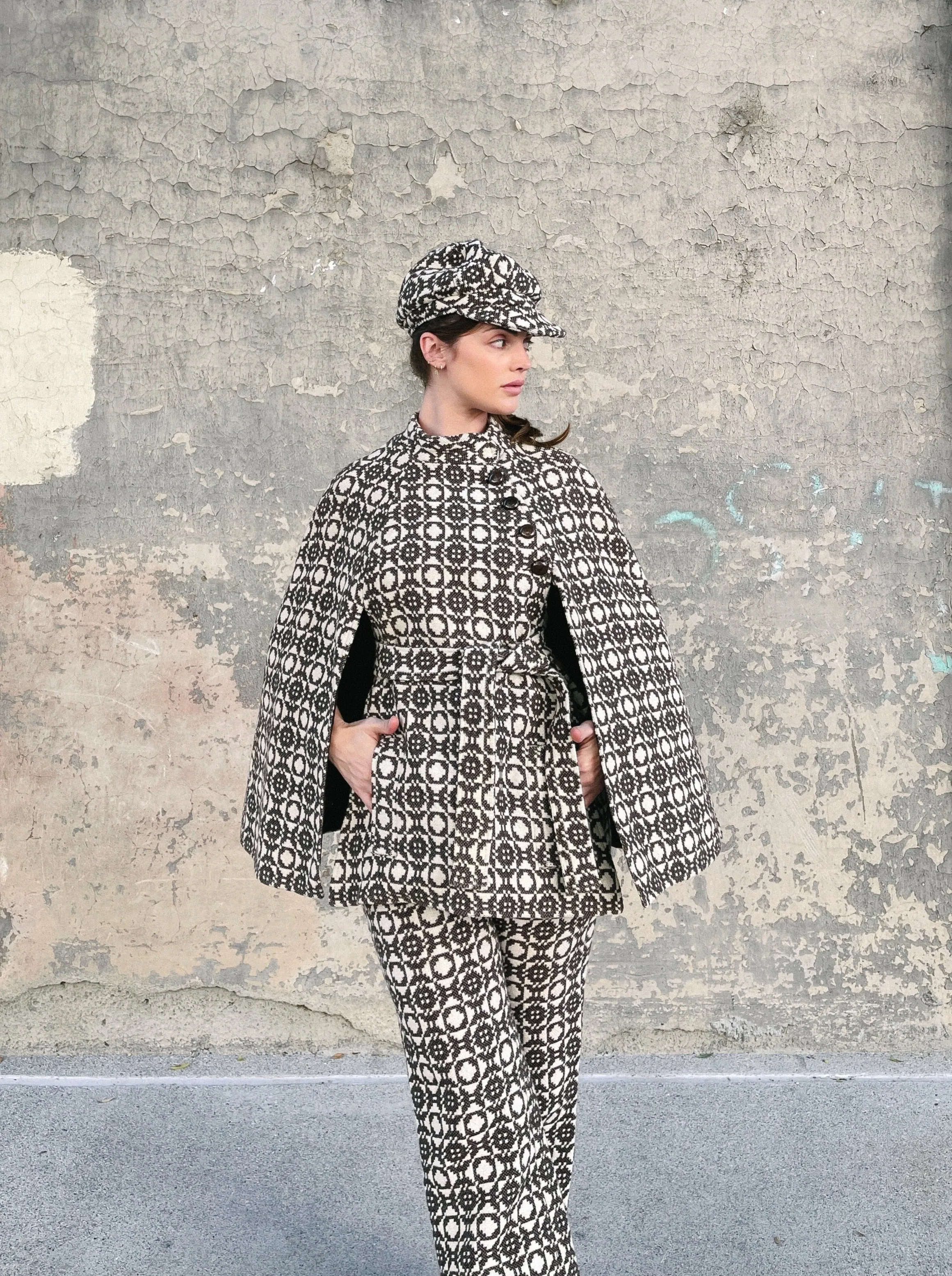 1960s Graphic Knit Poncho And Pant Ensemble