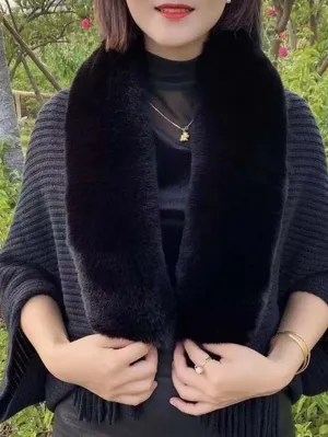 1pc Striped Tassel Shawl With Fur Collar Knitted Cape - Black - FD ⚡