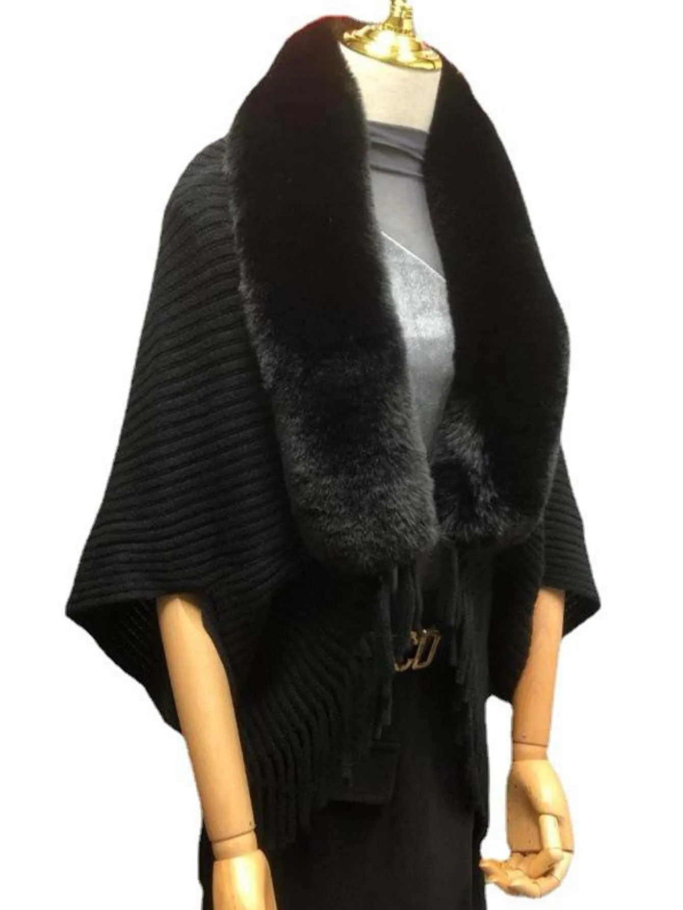 1pc Striped Tassel Shawl With Fur Collar Knitted Cape - Black - FD ⚡