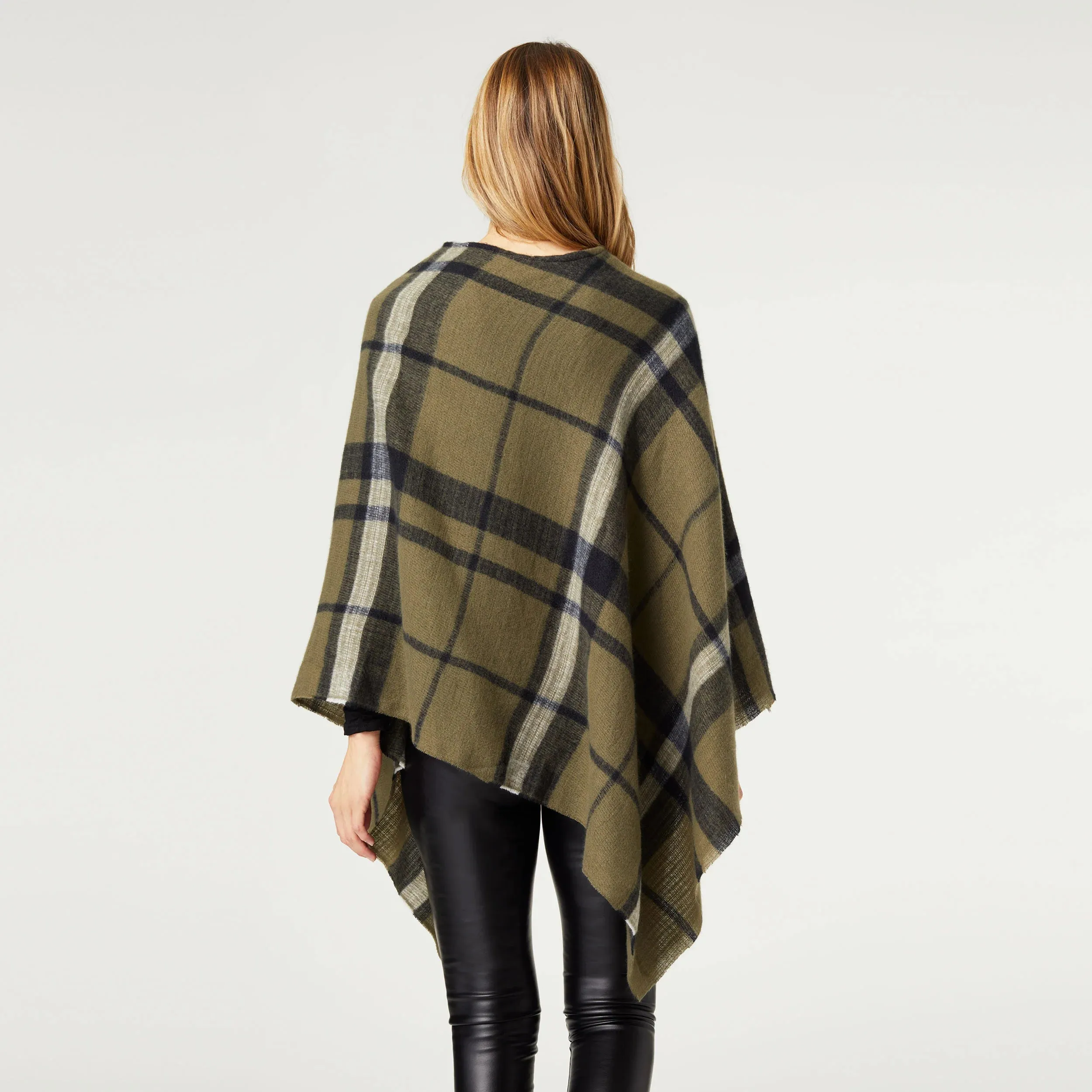 Adela Supersoft Plaid Poncho with Buttons Olive and Black