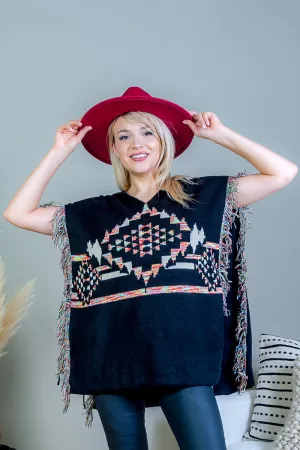 Aztec Knit V Neck Hoodie Poncho with Multi Color Fringe Trim and Tie Sides in Black (FS184058)