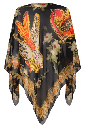 BIRD PRINT GEORGETTE PONCHO | BLACK