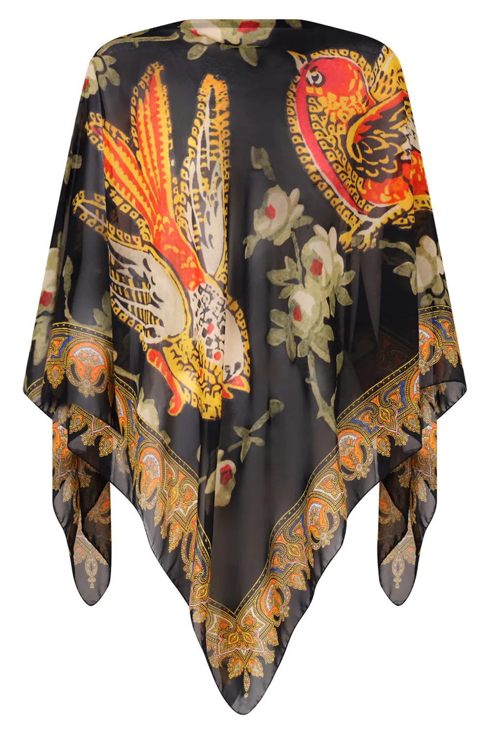 BIRD PRINT GEORGETTE PONCHO | BLACK