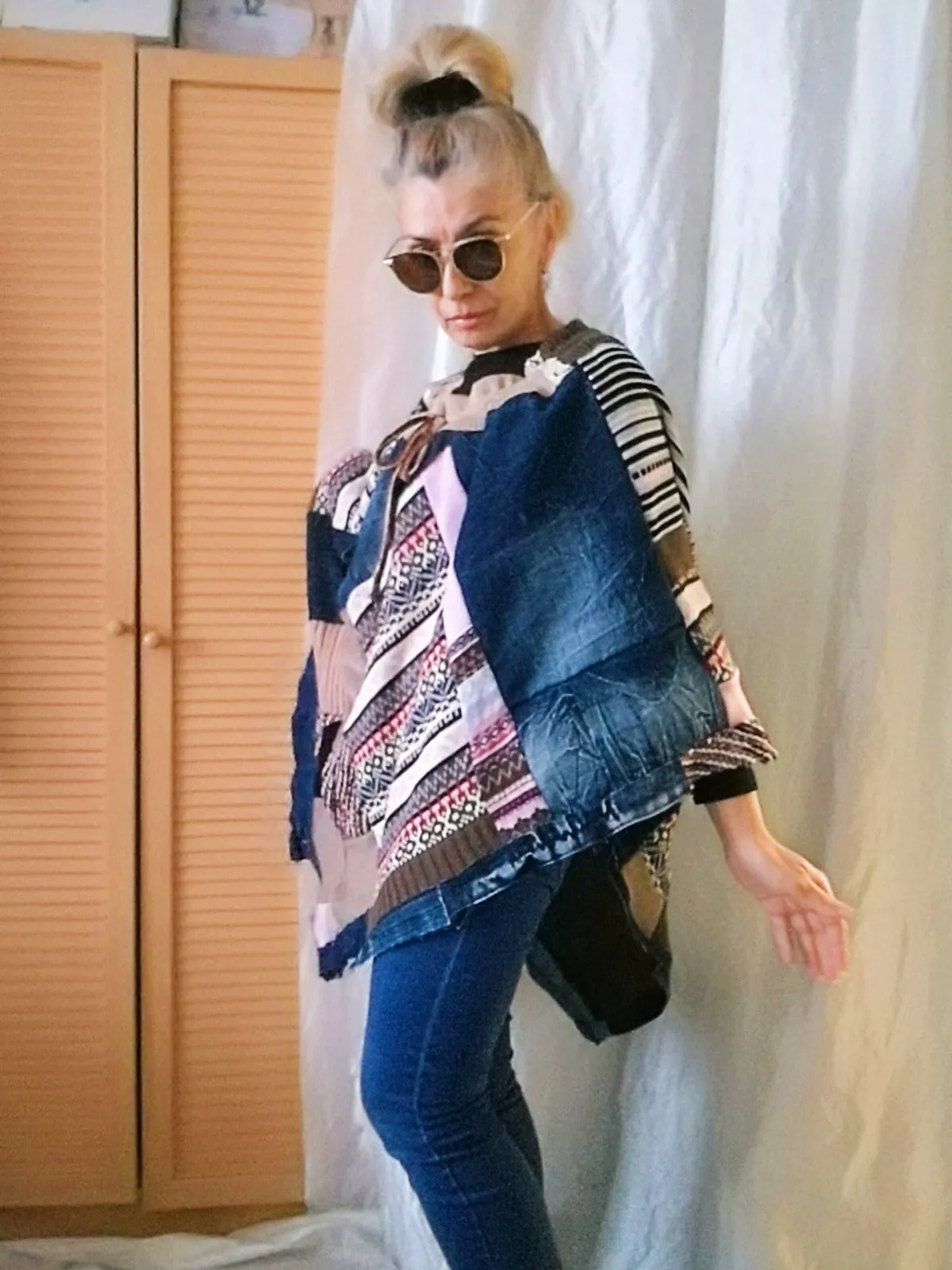Denim Poncho,S/XL Boho Hippie Womens Poncho