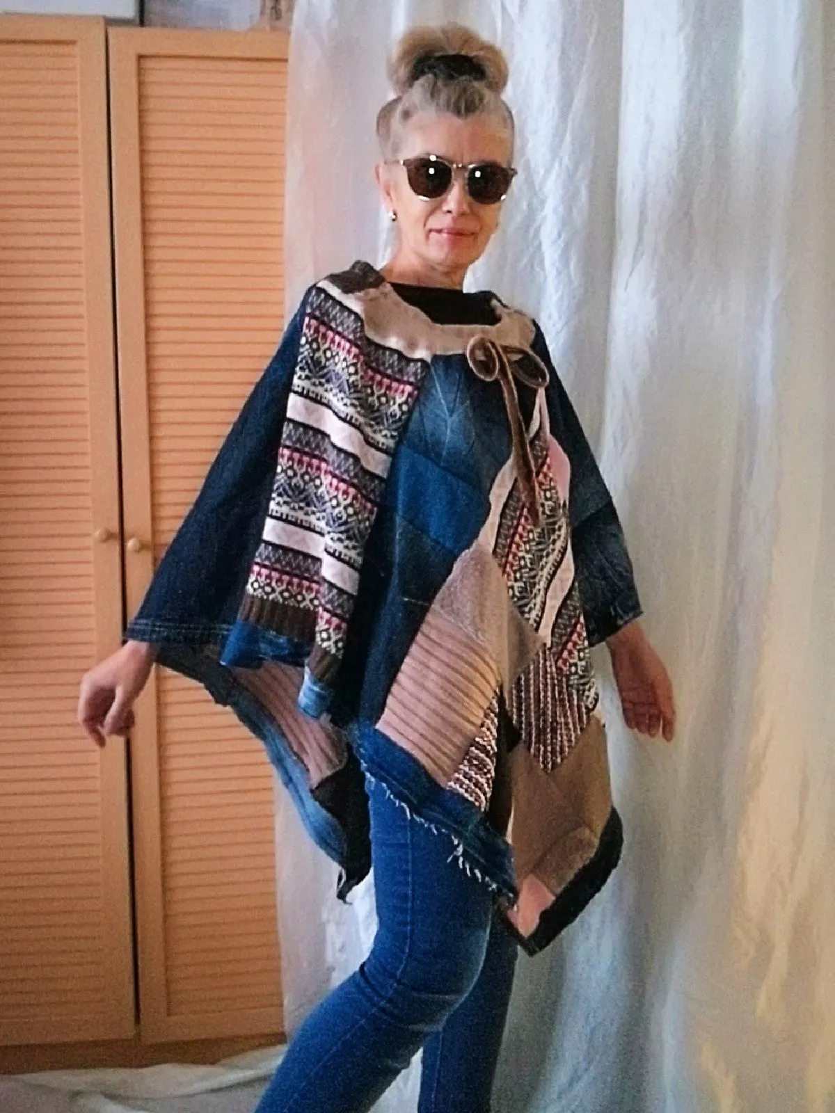 Denim Poncho,S/XL Boho Hippie Womens Poncho