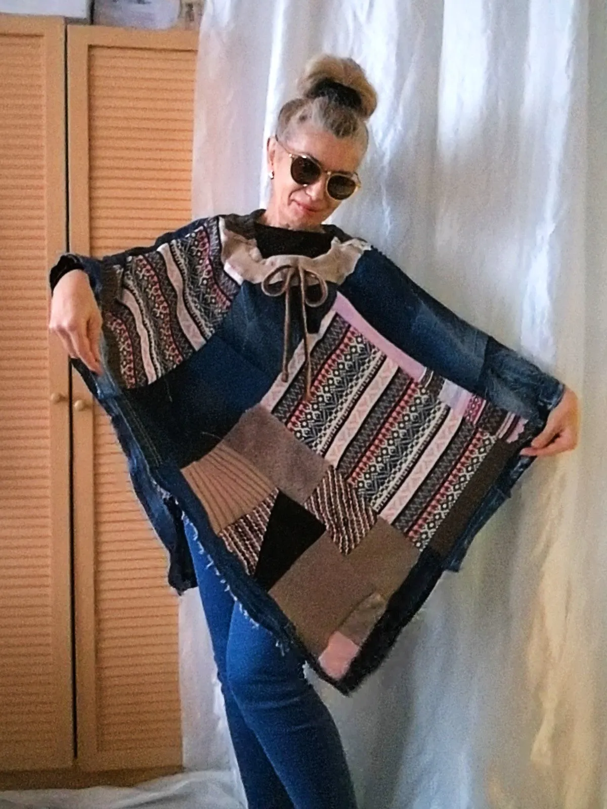 Denim Poncho,S/XL Boho Hippie Womens Poncho