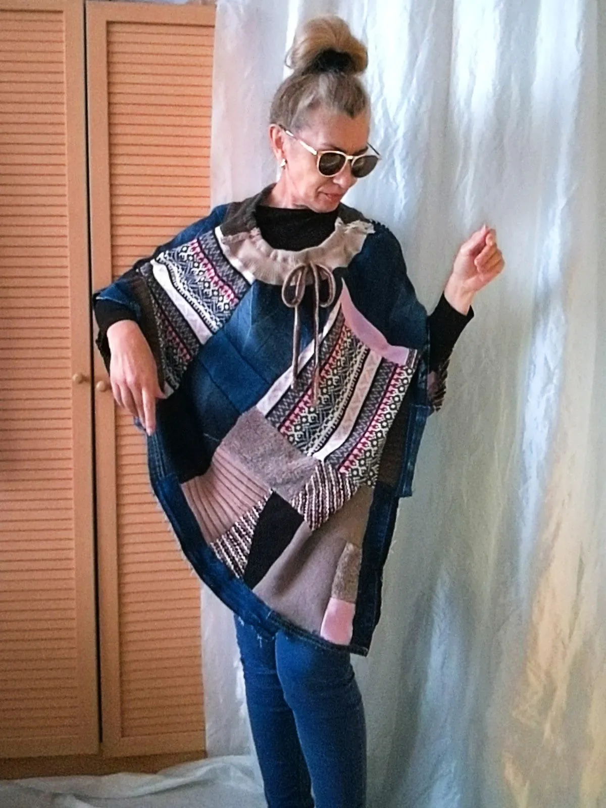 Denim Poncho,S/XL Boho Hippie Womens Poncho