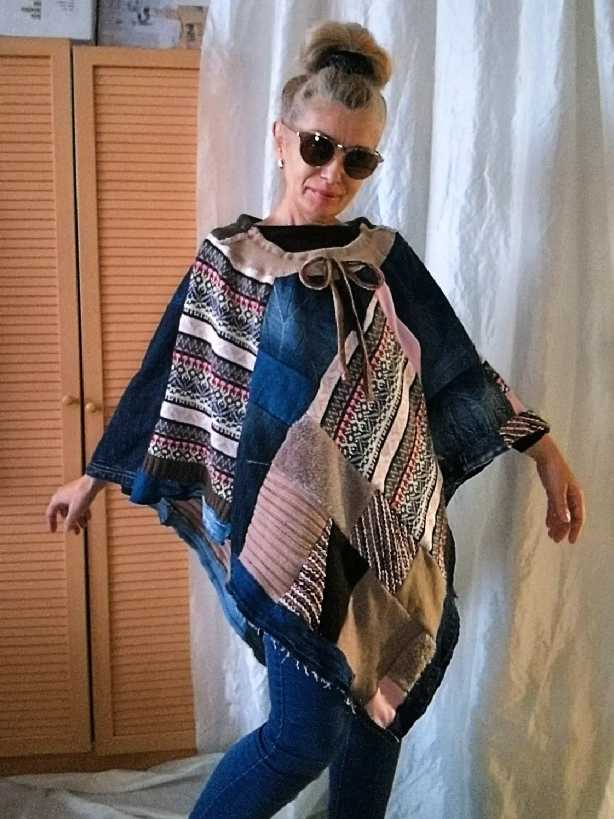 Denim Poncho,S/XL Boho Hippie Womens Poncho