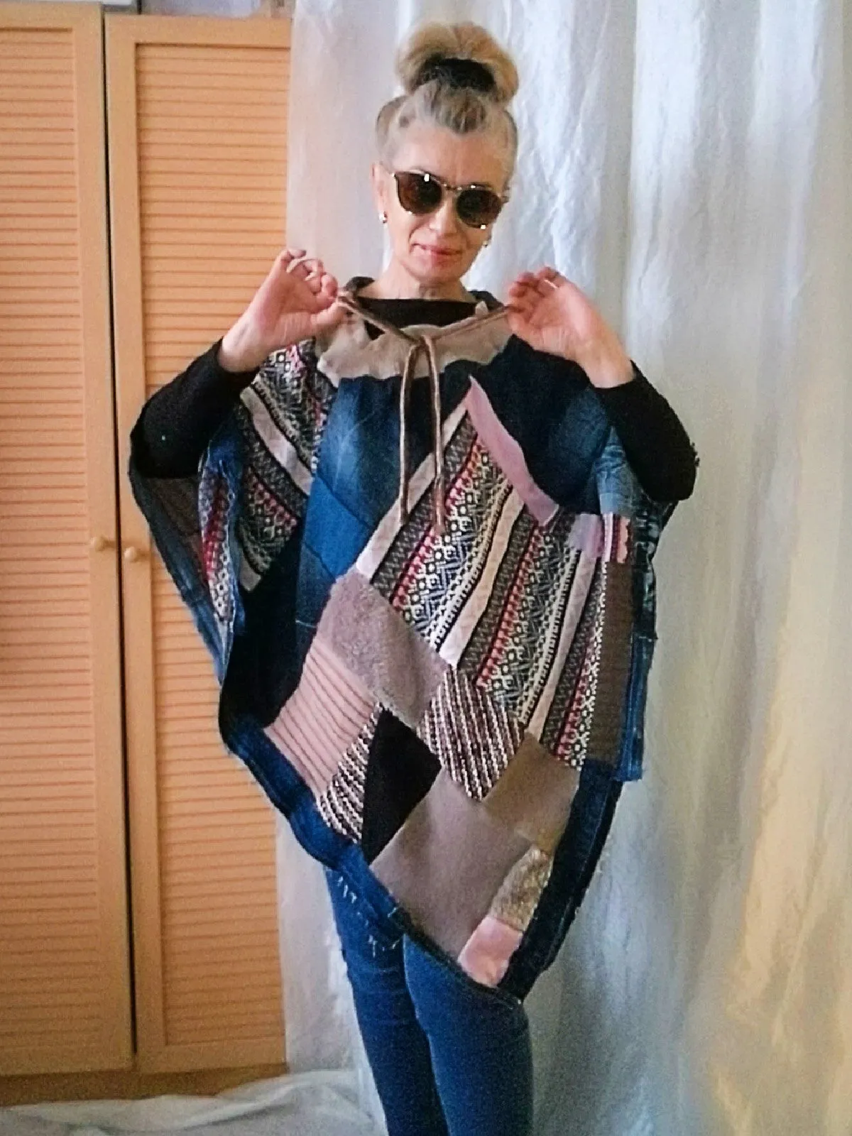 Denim Poncho,S/XL Boho Hippie Womens Poncho