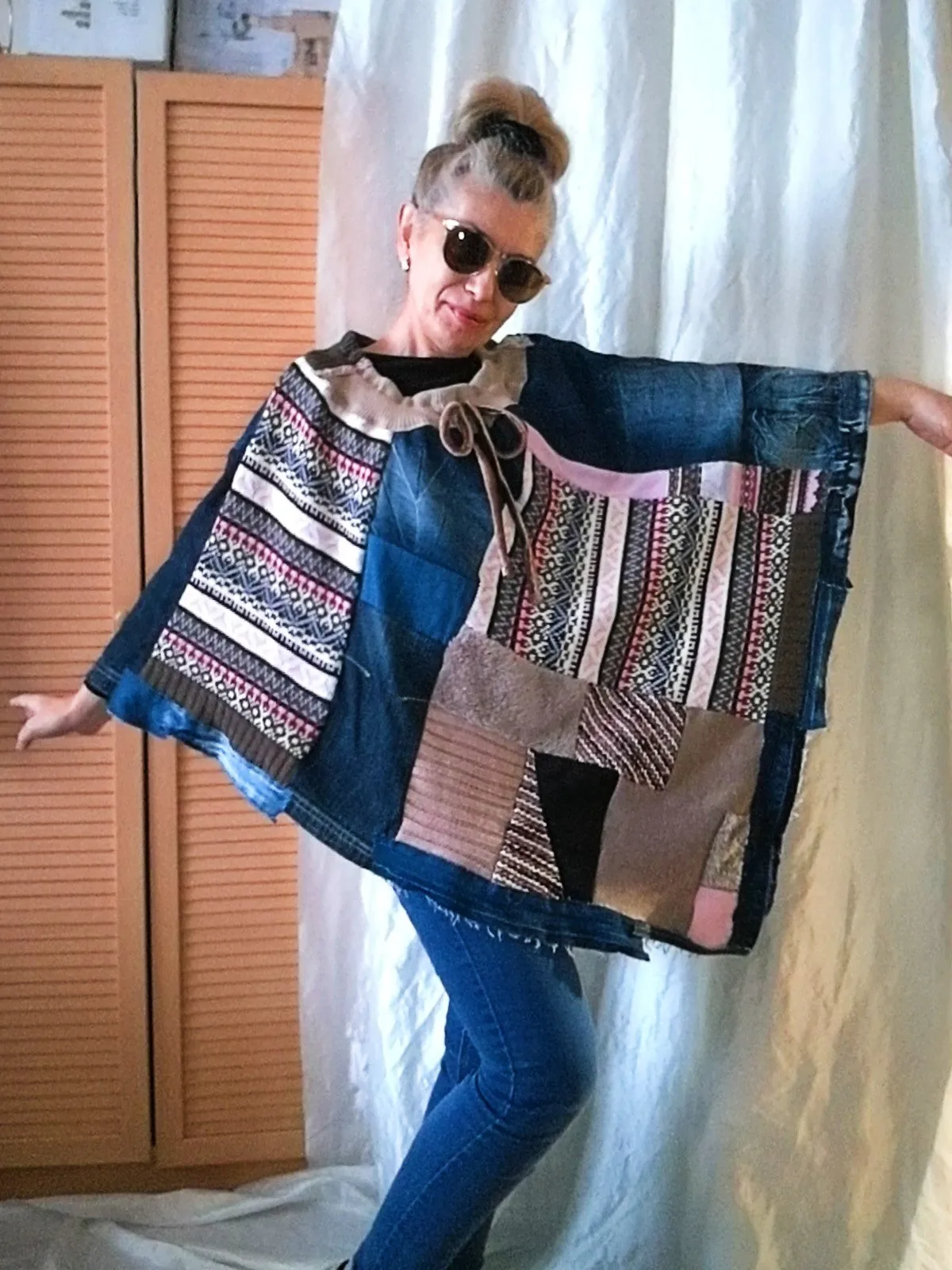 Denim Poncho,S/XL Boho Hippie Womens Poncho