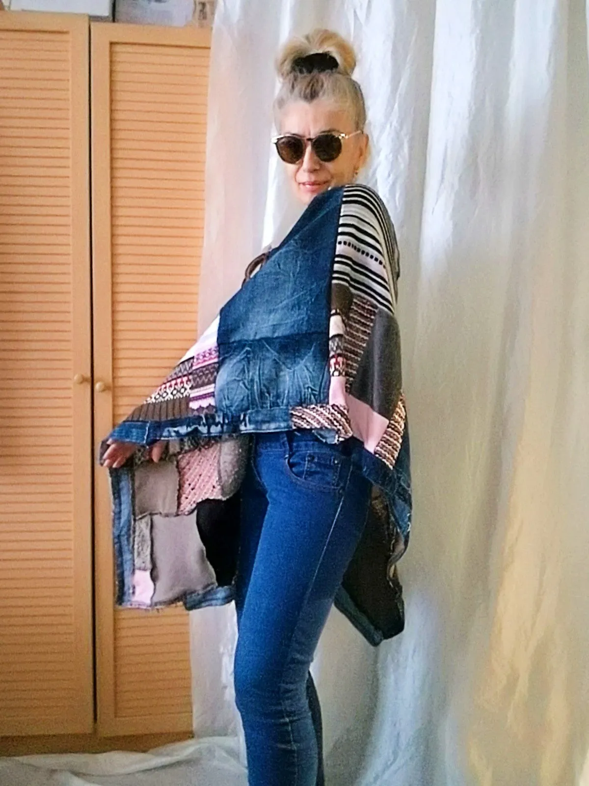 Denim Poncho,S/XL Boho Hippie Womens Poncho