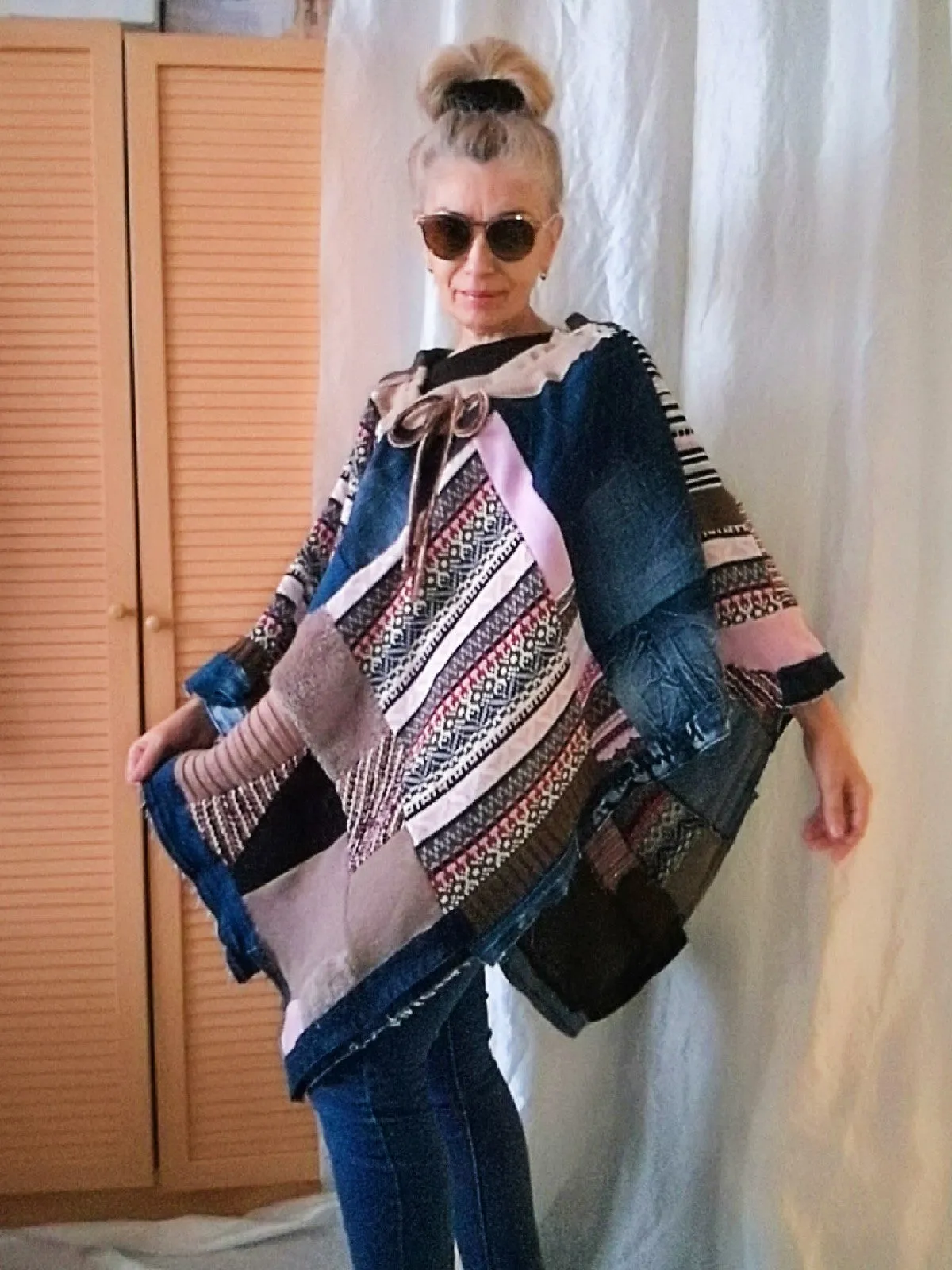 Denim Poncho,S/XL Boho Hippie Womens Poncho