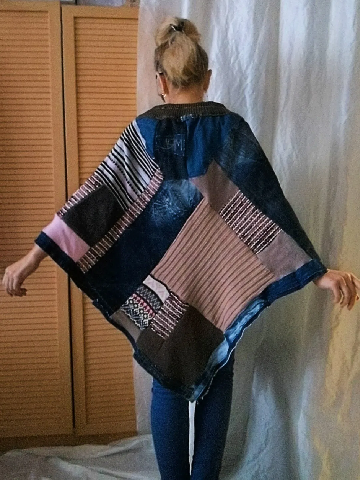 Denim Poncho,S/XL Boho Hippie Womens Poncho