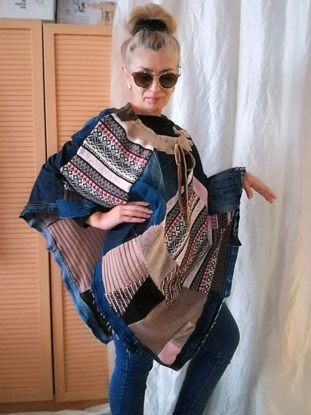 Denim Poncho,S/XL Boho Hippie Womens Poncho