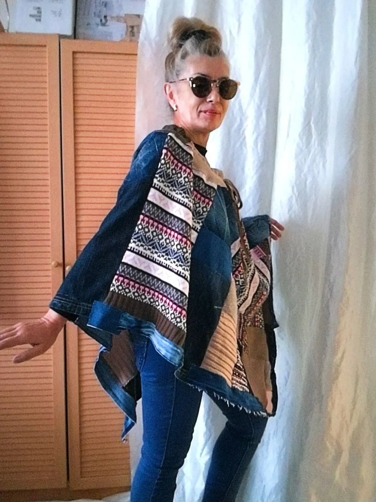Denim Poncho,S/XL Boho Hippie Womens Poncho