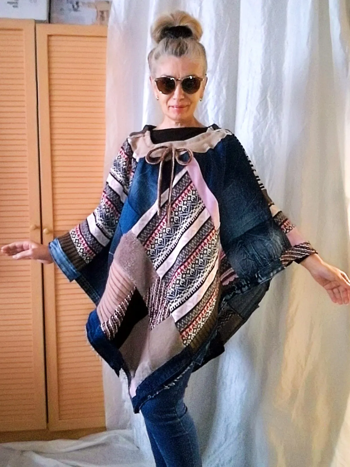 Denim Poncho,S/XL Boho Hippie Womens Poncho