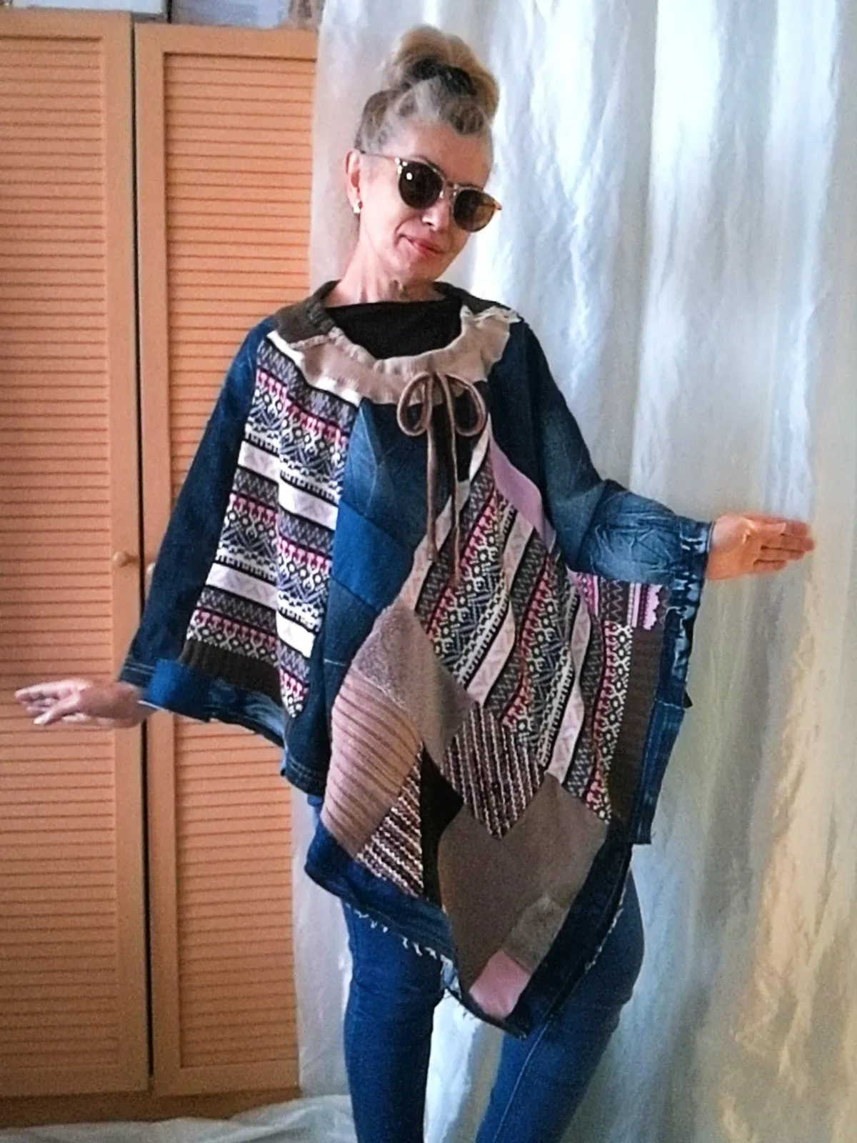 Denim Poncho,S/XL Boho Hippie Womens Poncho