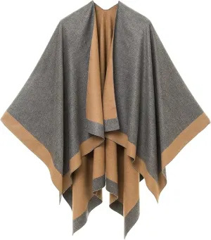 Gray-Khaki Luxurious Knit Sweater Poncho Cardigan