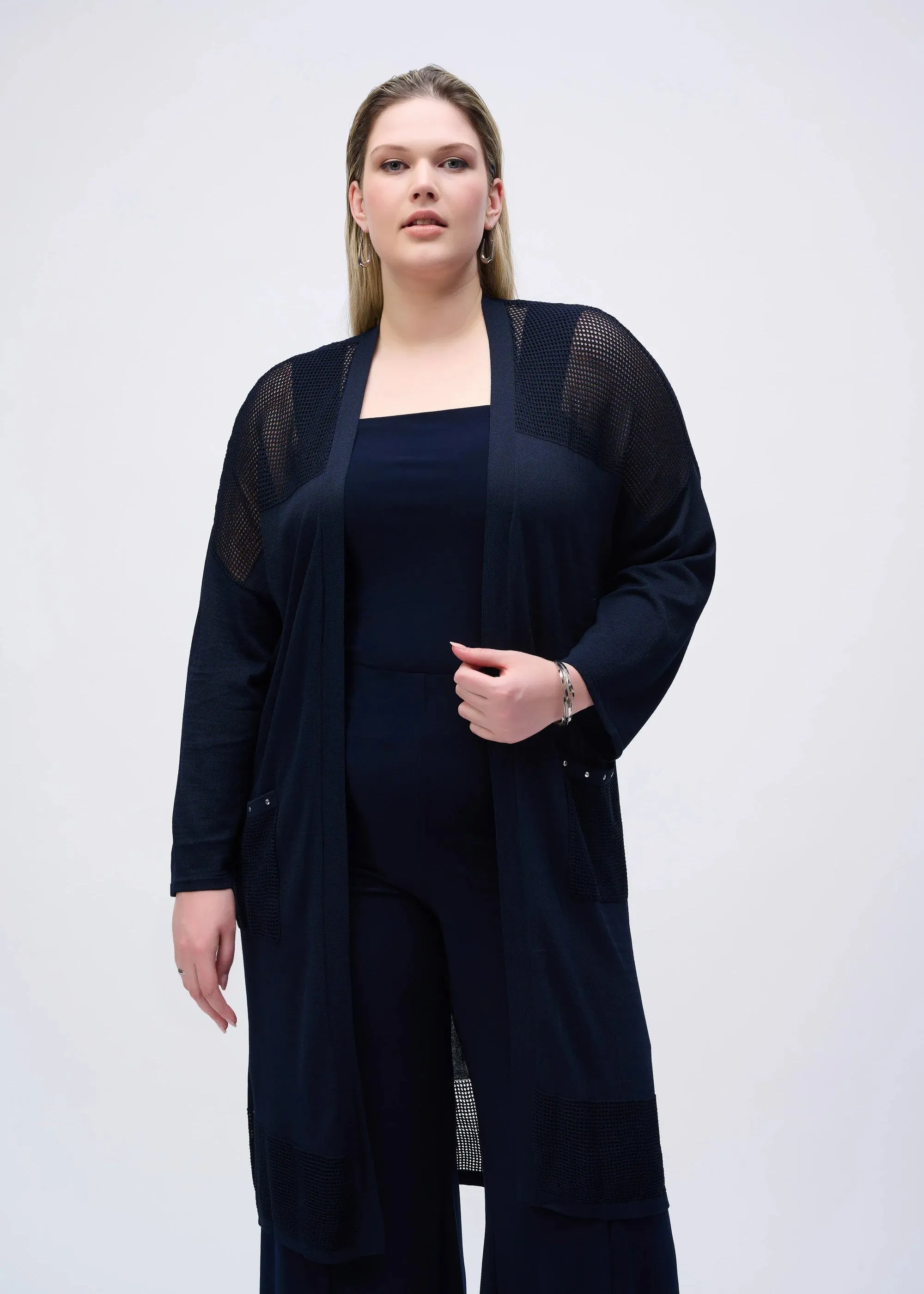 Joseph Ribkoff Crochet Knit Long Cardigan in Midnight