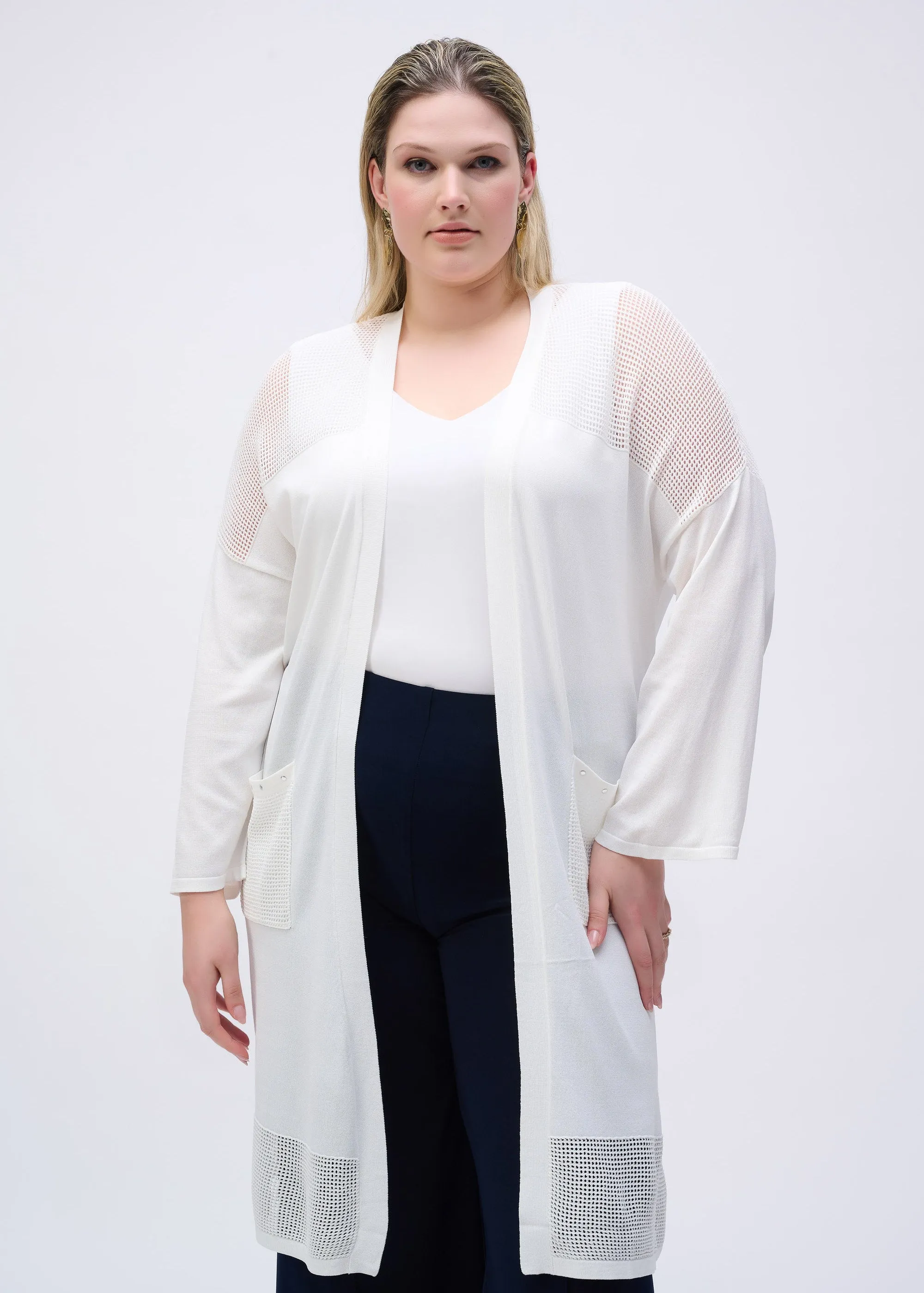 Joseph Ribkoff Crochet Knit Long Cardigan in White