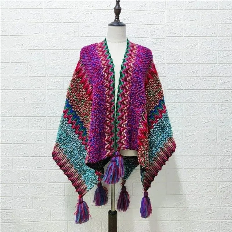 Knitted Poncho Tassel Cloak