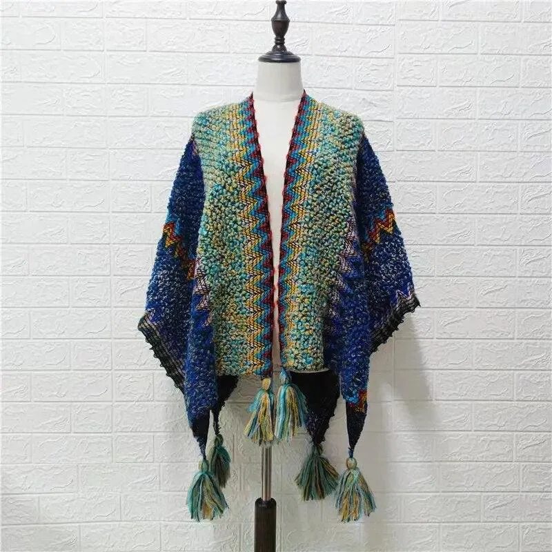 Knitted Poncho Tassel Cloak