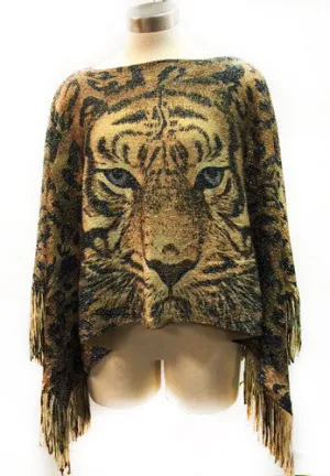 ladies tiger print wrap poncho w/fringe Case of 6