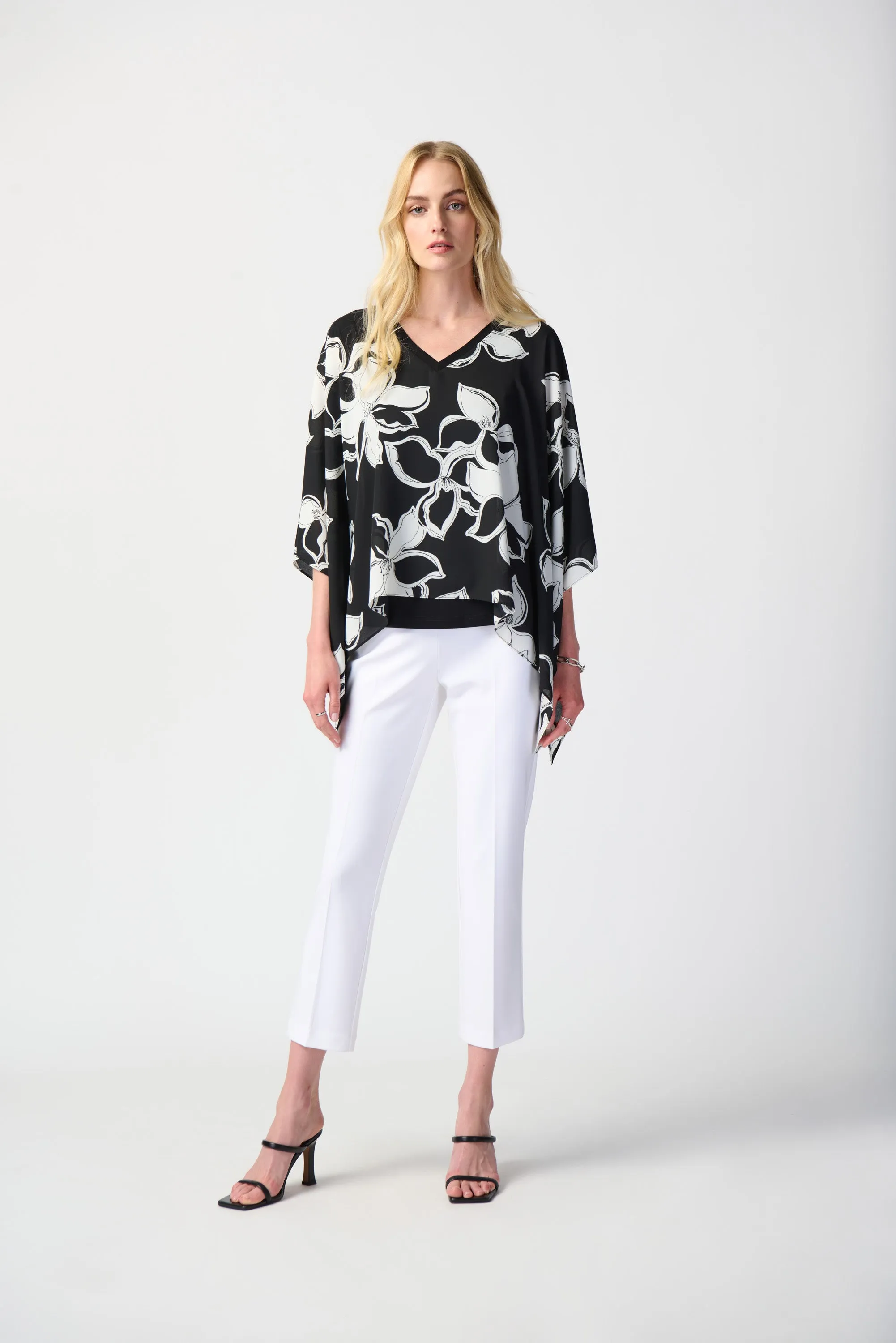 Layered Floral Print Silky Knit Poncho. Style JR241170