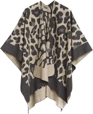 Leopard Gray Luxurious Knit Sweater Poncho Cardigan