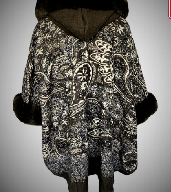 Lux Fur Paisley poncho with hood