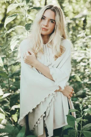 Oatmeal Pom Pom Hooded Poncho Sweater