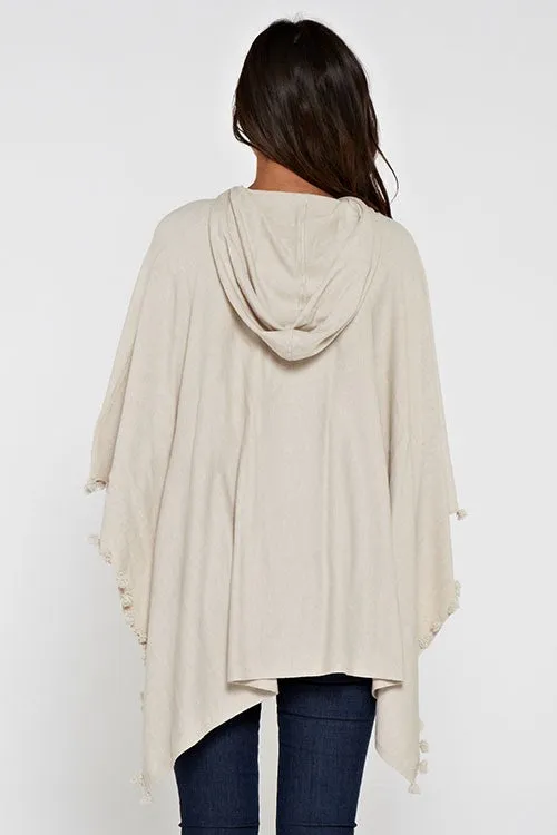 Oatmeal Pom Pom Hooded Poncho Sweater