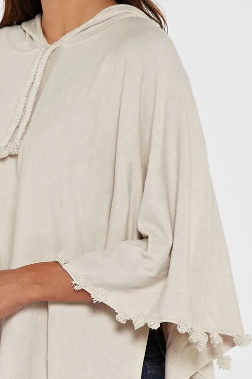 Oatmeal Pom Pom Hooded Poncho Sweater