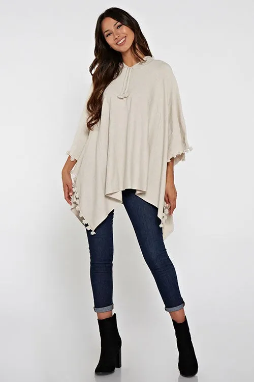 Oatmeal Pom Pom Hooded Poncho Sweater