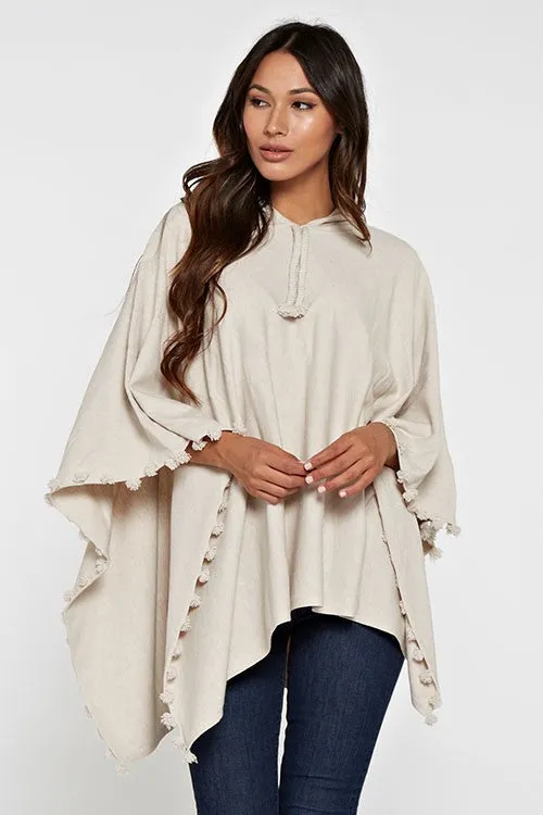Oatmeal Pom Pom Hooded Poncho Sweater