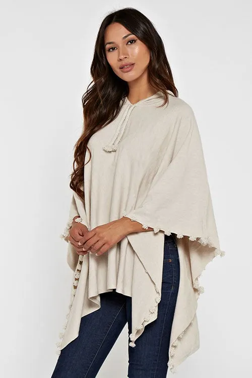Oatmeal Pom Pom Hooded Poncho Sweater