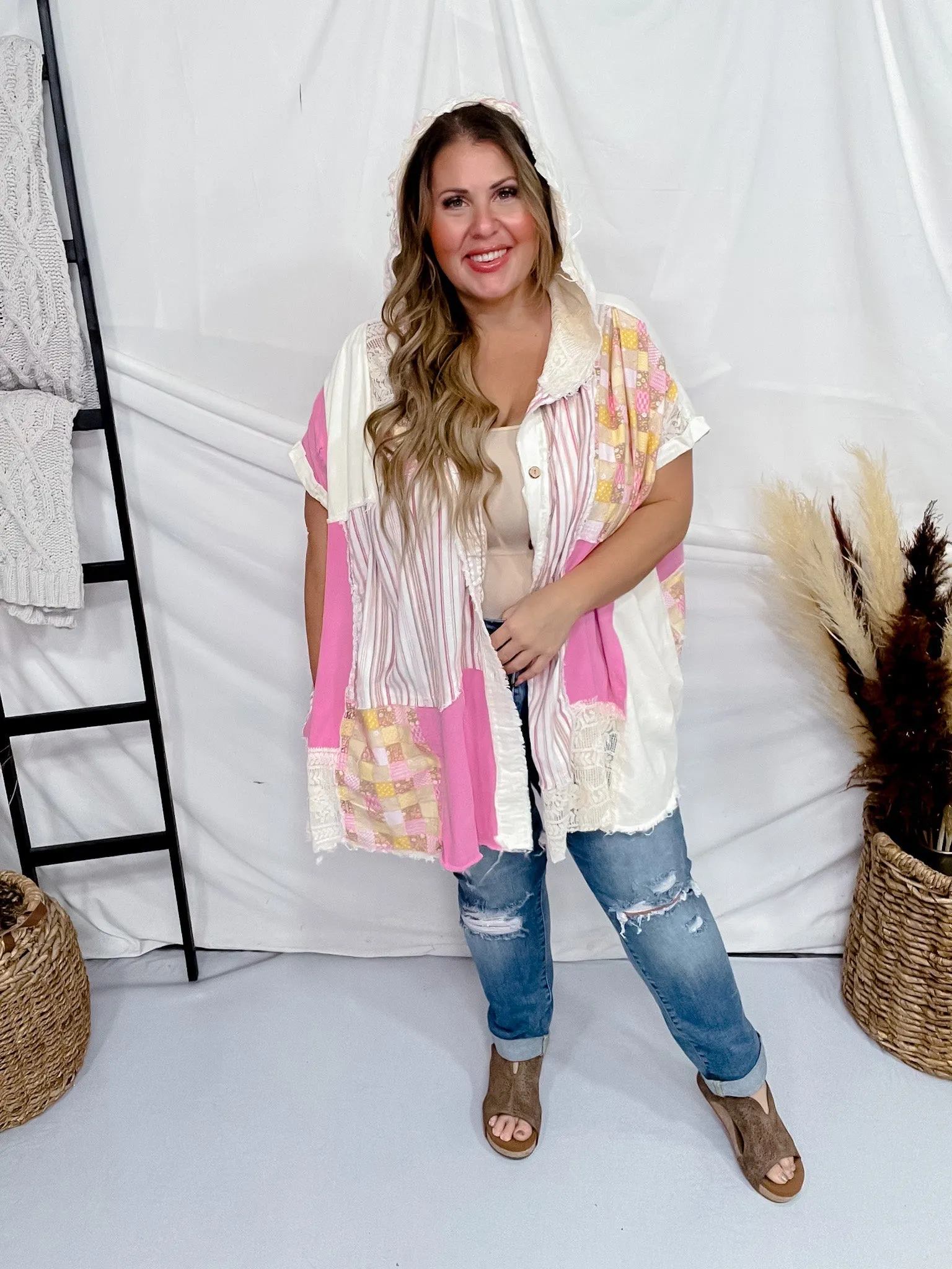 Pink Mixed Print Button Front Hooded Poncho