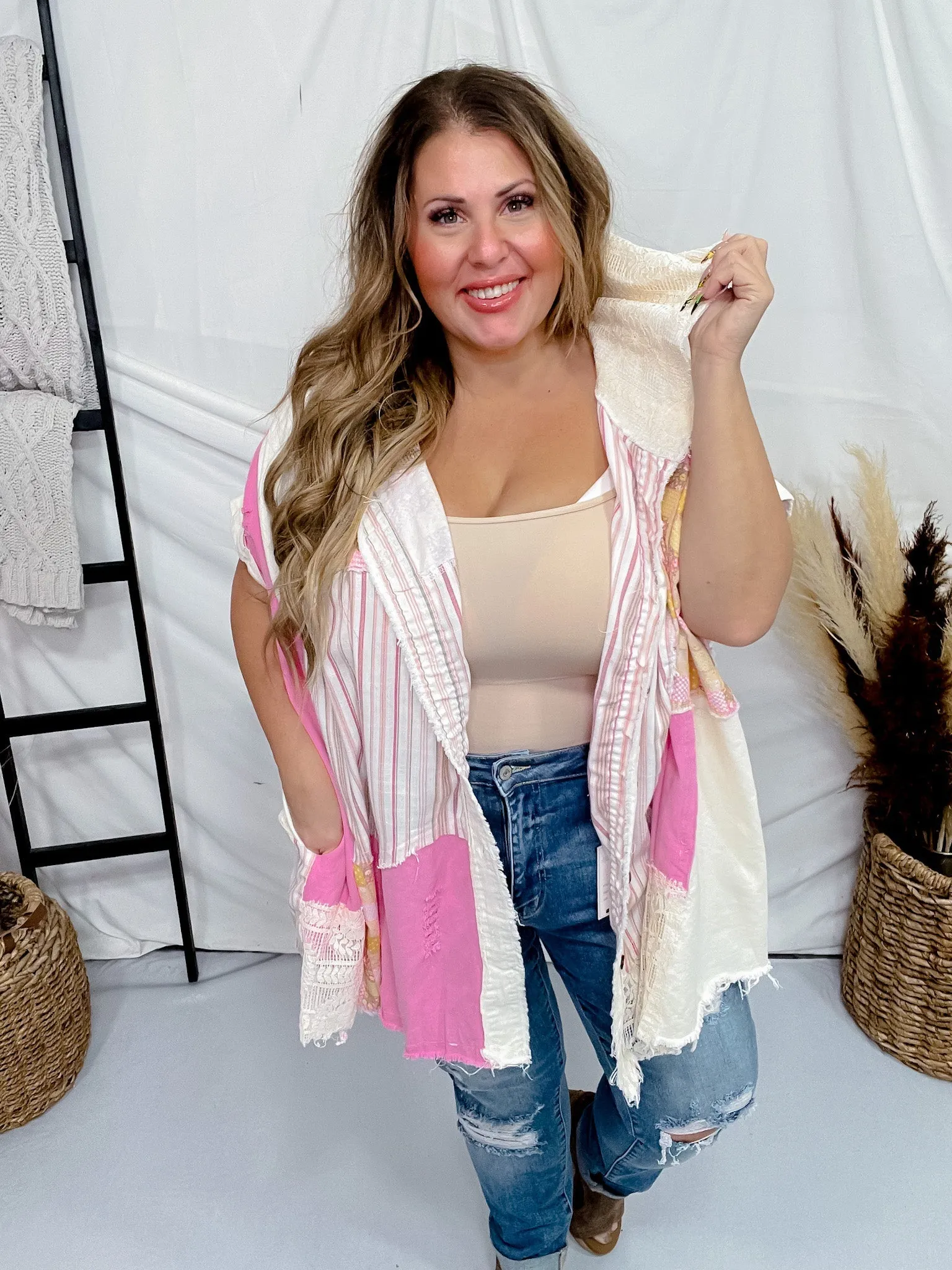 Pink Mixed Print Button Front Hooded Poncho