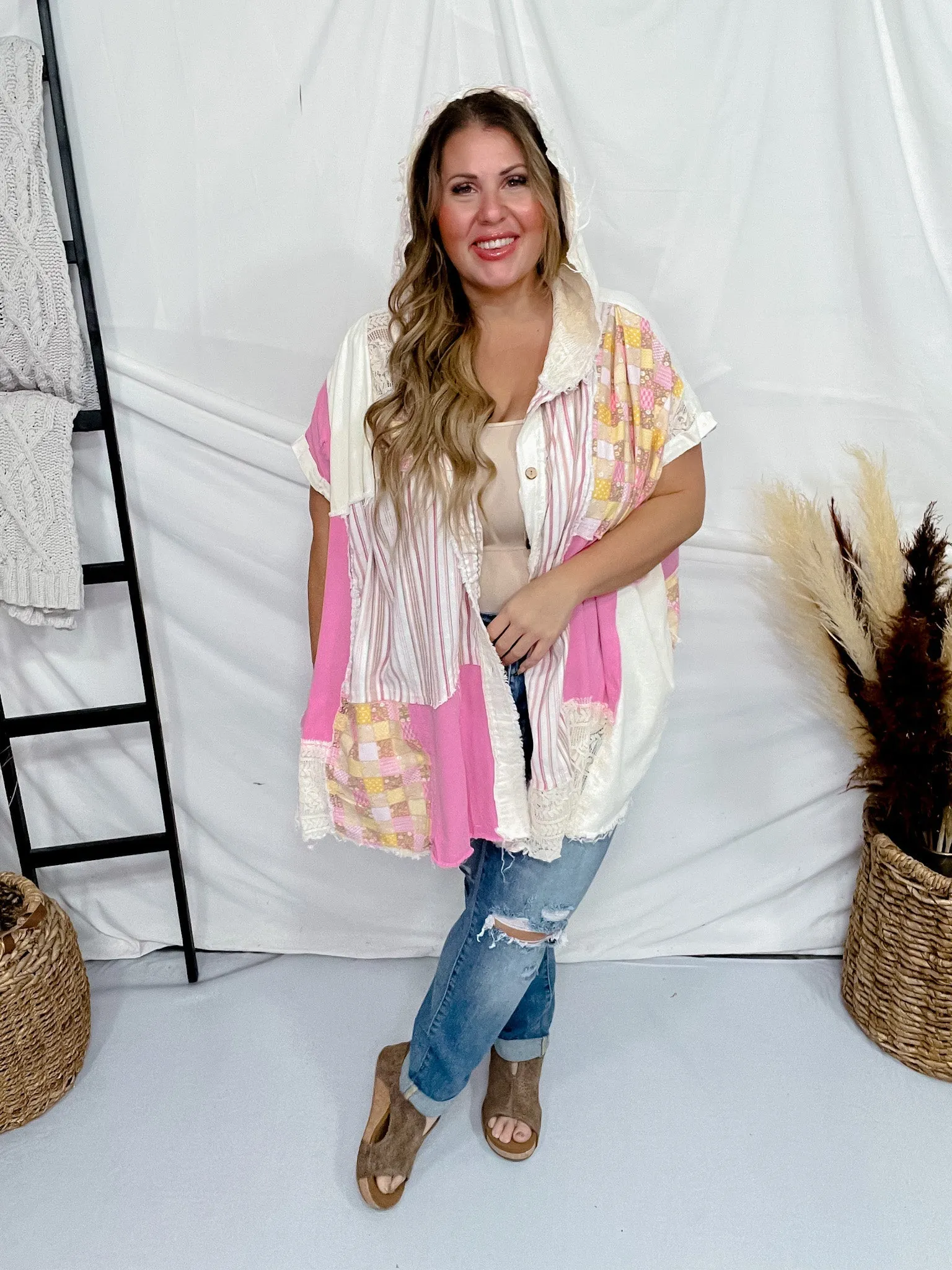 Pink Mixed Print Button Front Hooded Poncho