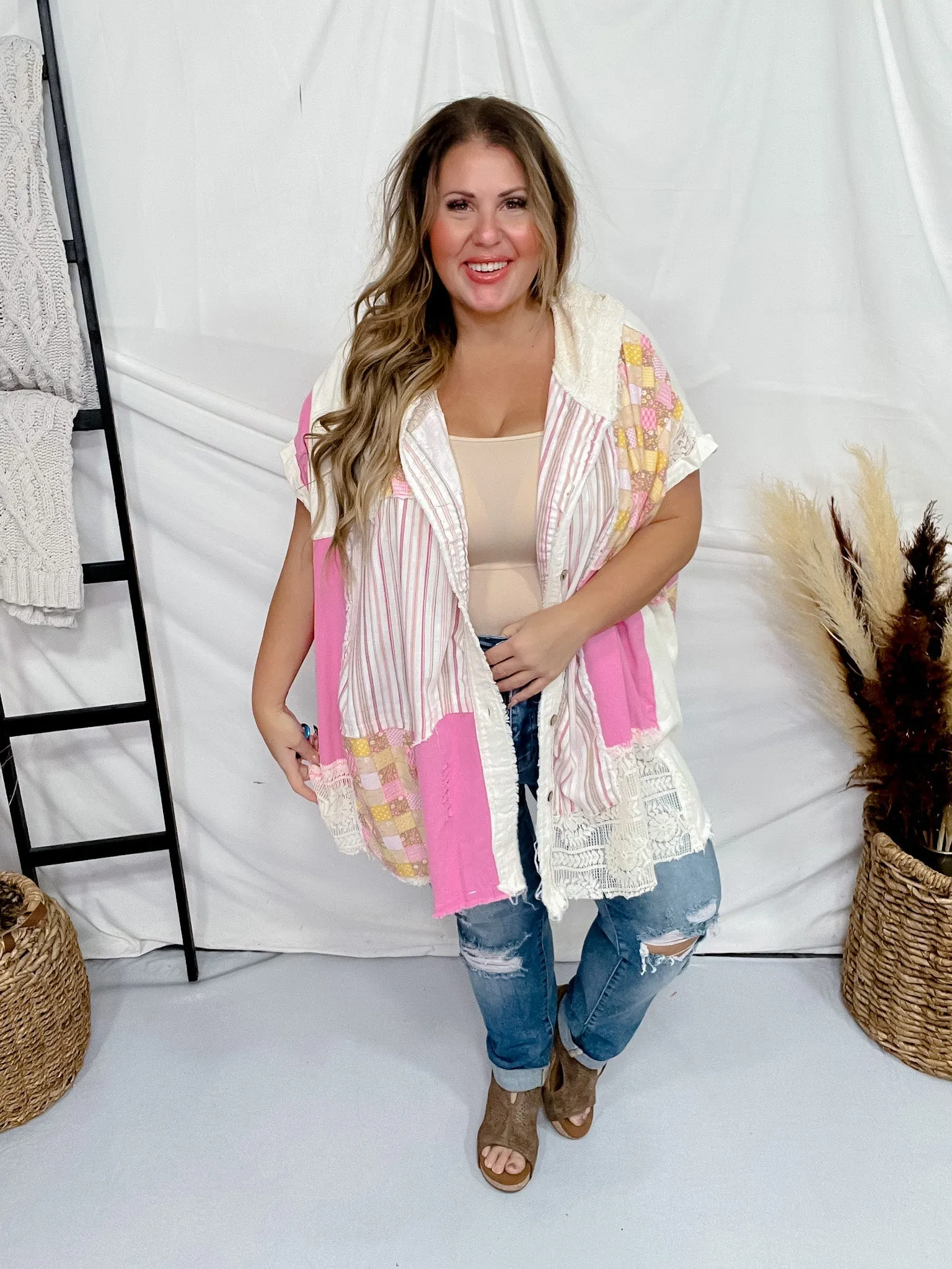 Pink Mixed Print Button Front Hooded Poncho