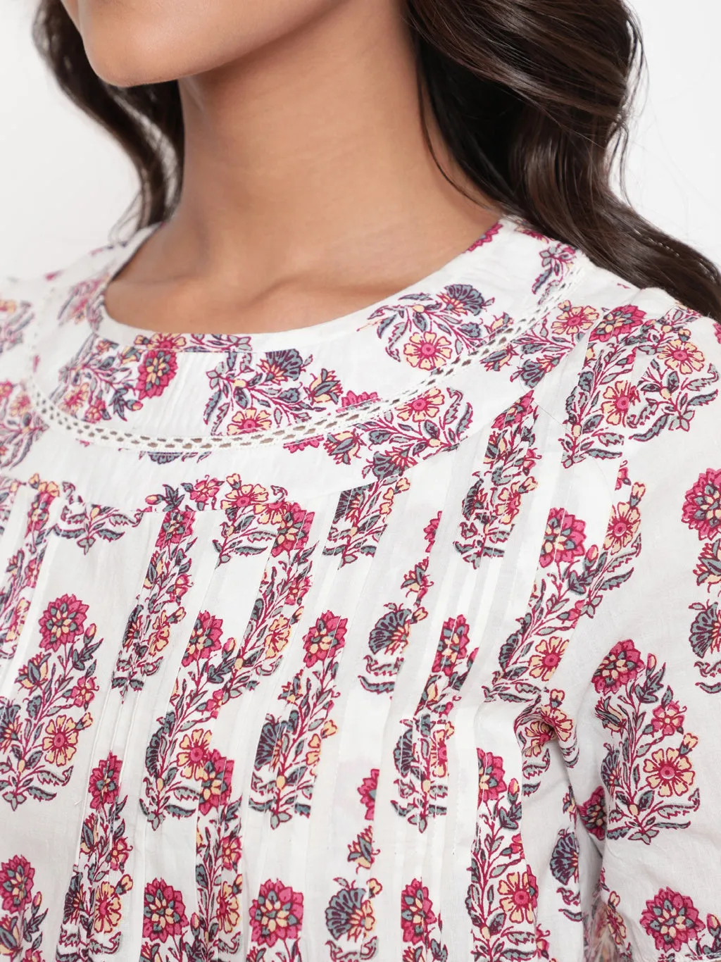 Pink White Floral Printed Pintuck Tunic Top