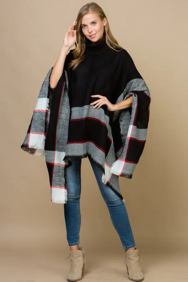 Pop of Plaid Turtleneck Poncho