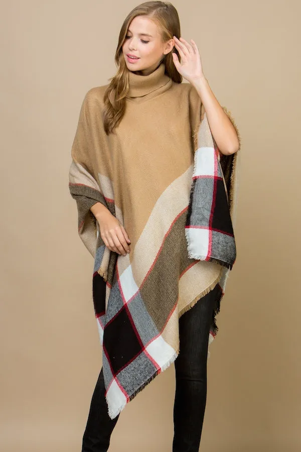 Pop of Plaid Turtleneck Poncho