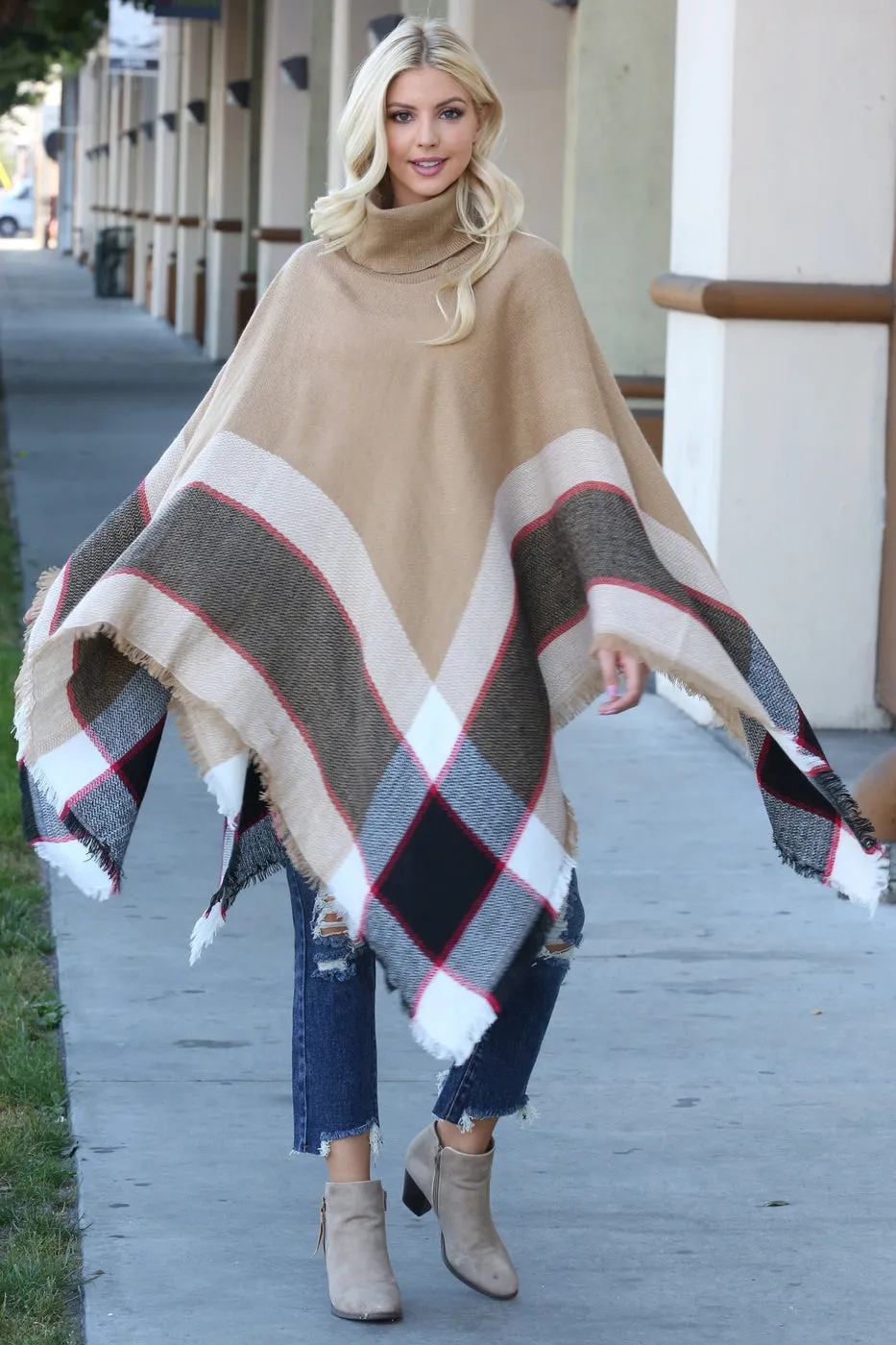 Pop of Plaid Turtleneck Poncho
