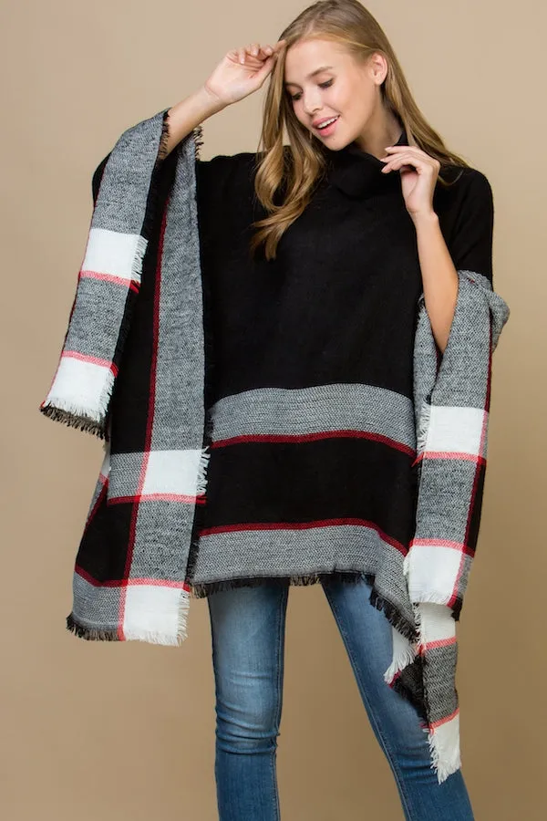 Pop of Plaid Turtleneck Poncho