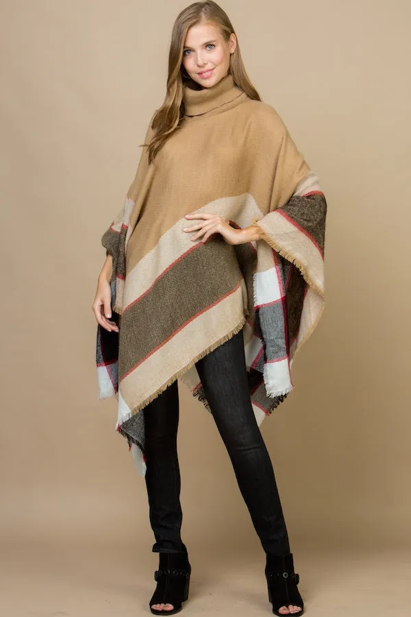Pop of Plaid Turtleneck Poncho