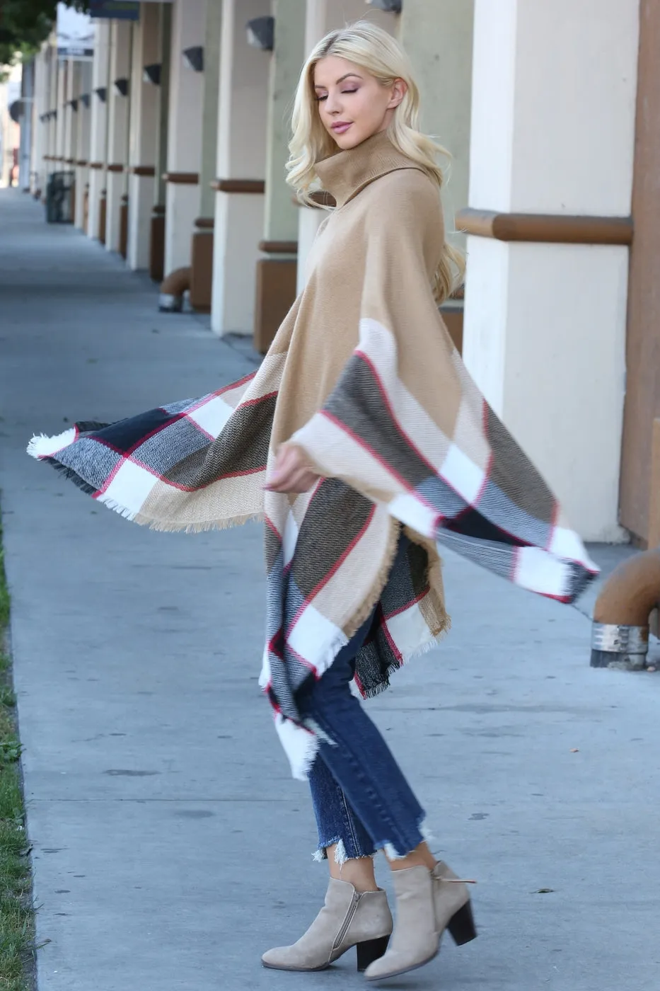 Pop of Plaid Turtleneck Poncho