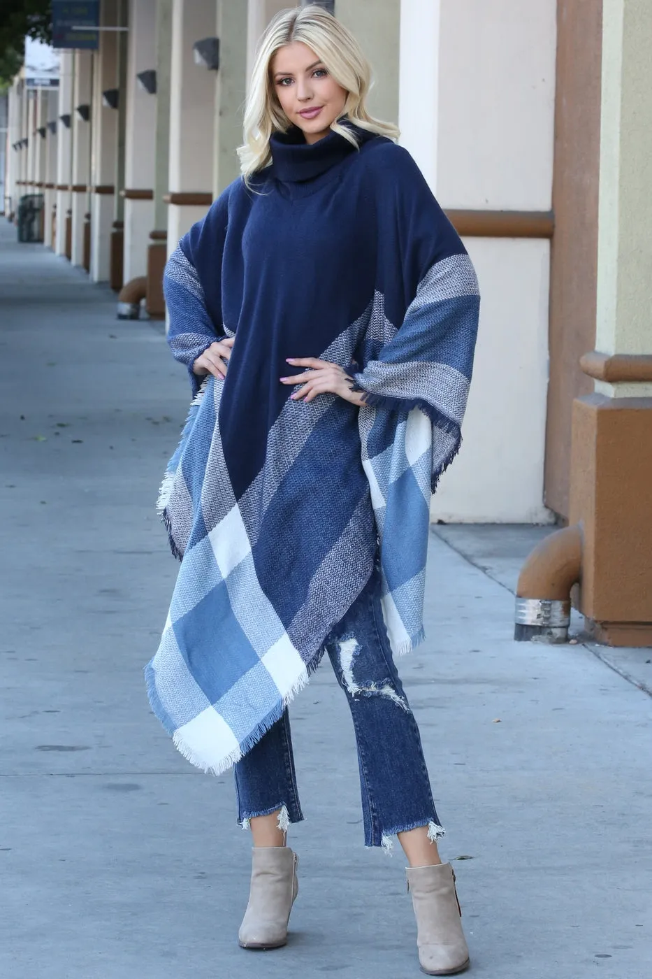 Pop of Plaid Turtleneck Poncho
