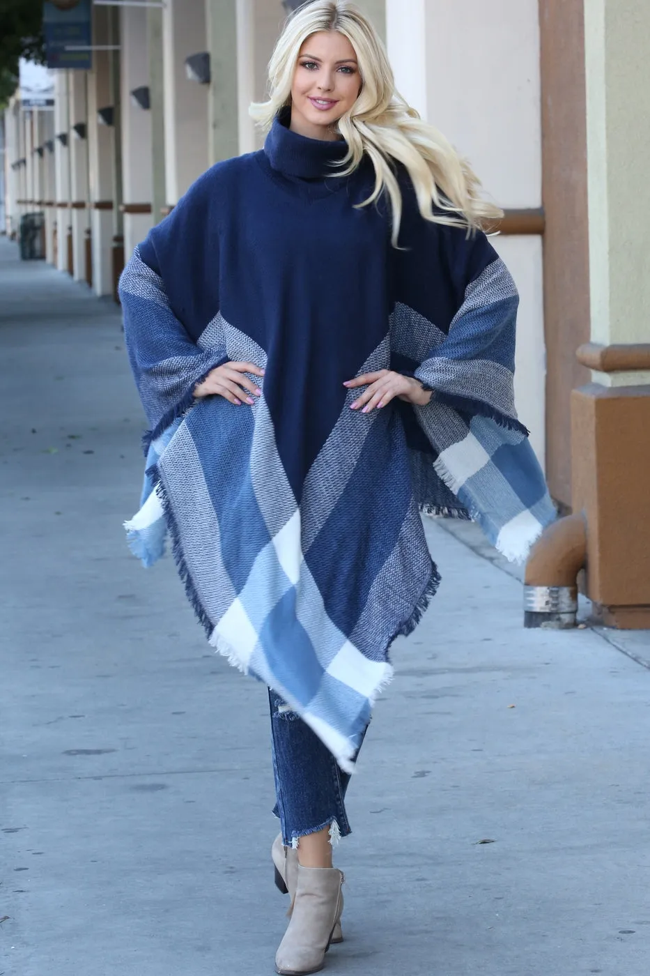 Pop of Plaid Turtleneck Poncho