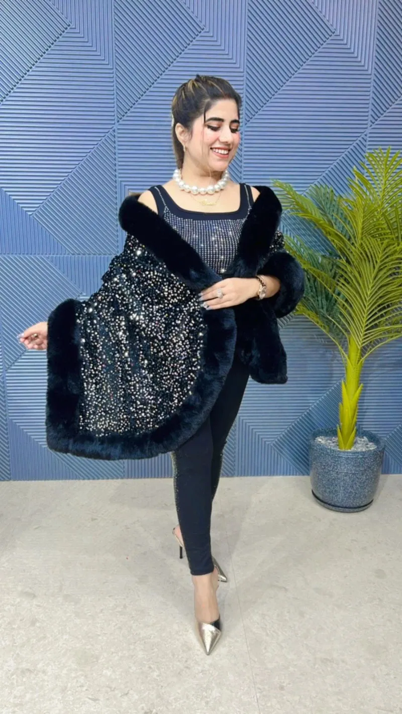 Premium Sequence Poncho with Heavy Furr GGR648